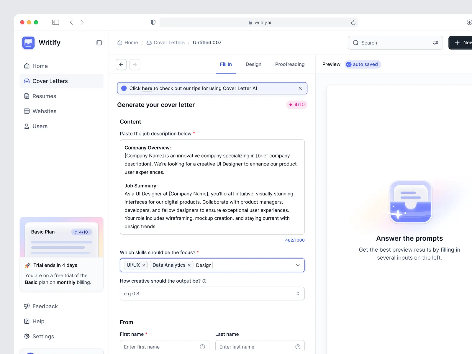 Writify - AI Cover Letter Generator